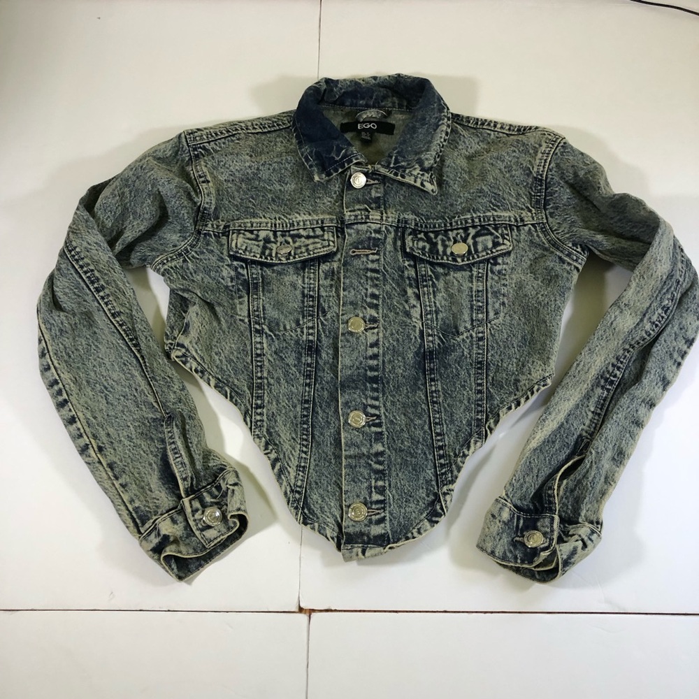 EGO Women's Acid Wash Cropped Denim Jacket - Light Blue As Is